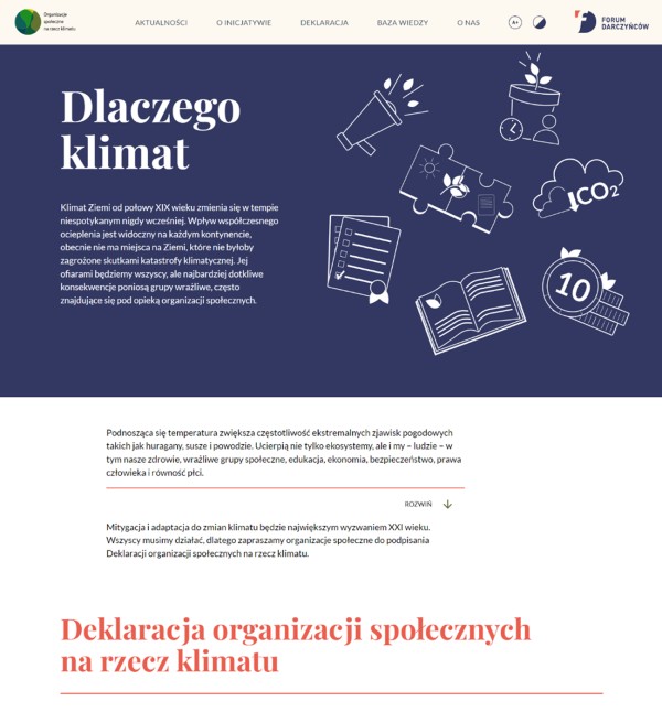 Miniatura widoku strony głównej. Na górze strony duży napis Dlaczego klimat i piktogramy obrazujące różne kategorie powodów.